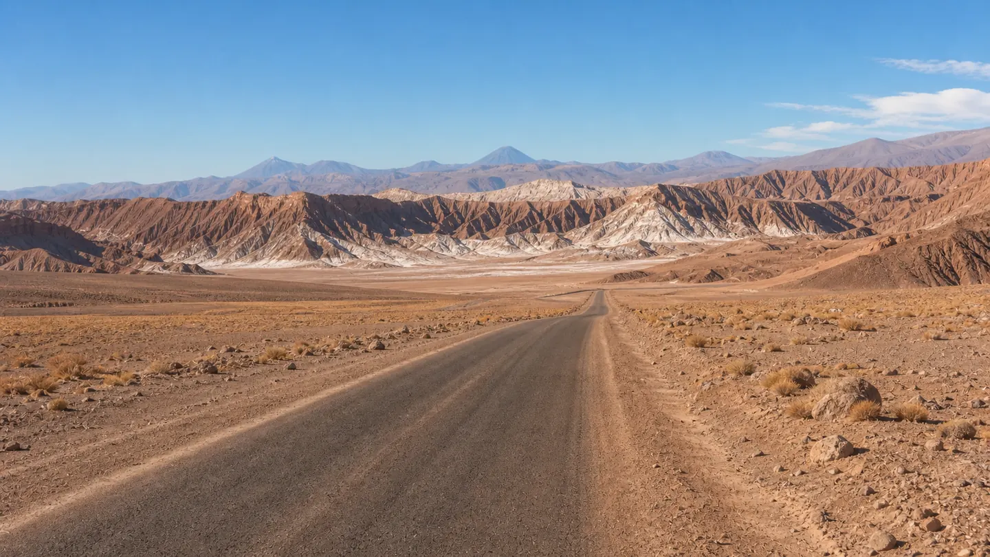 Desert road leading from San Pedro de Atacama toward Valle de la Luna formations