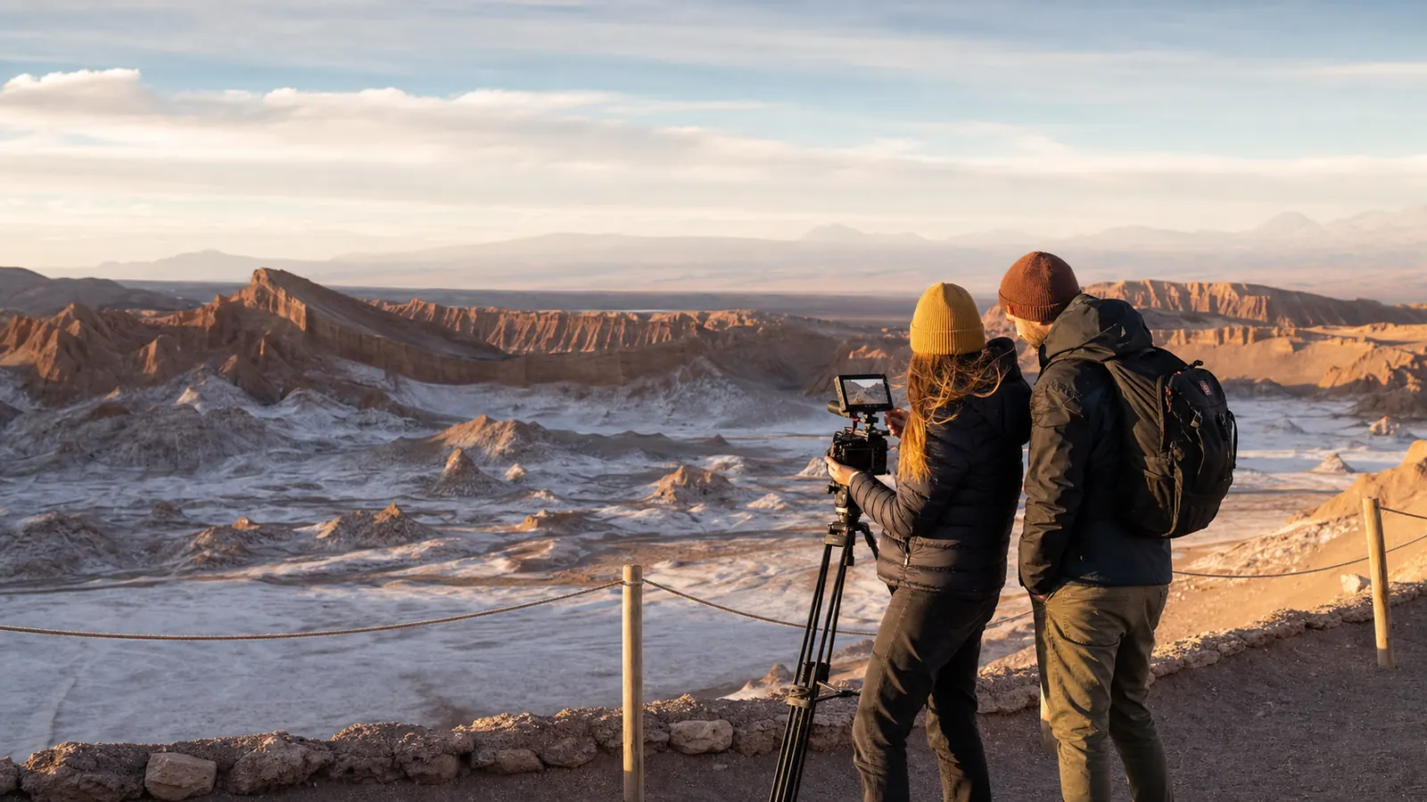 Pequeno equipo de creadores revisando video desde un mirador seguro del Valle de la Luna