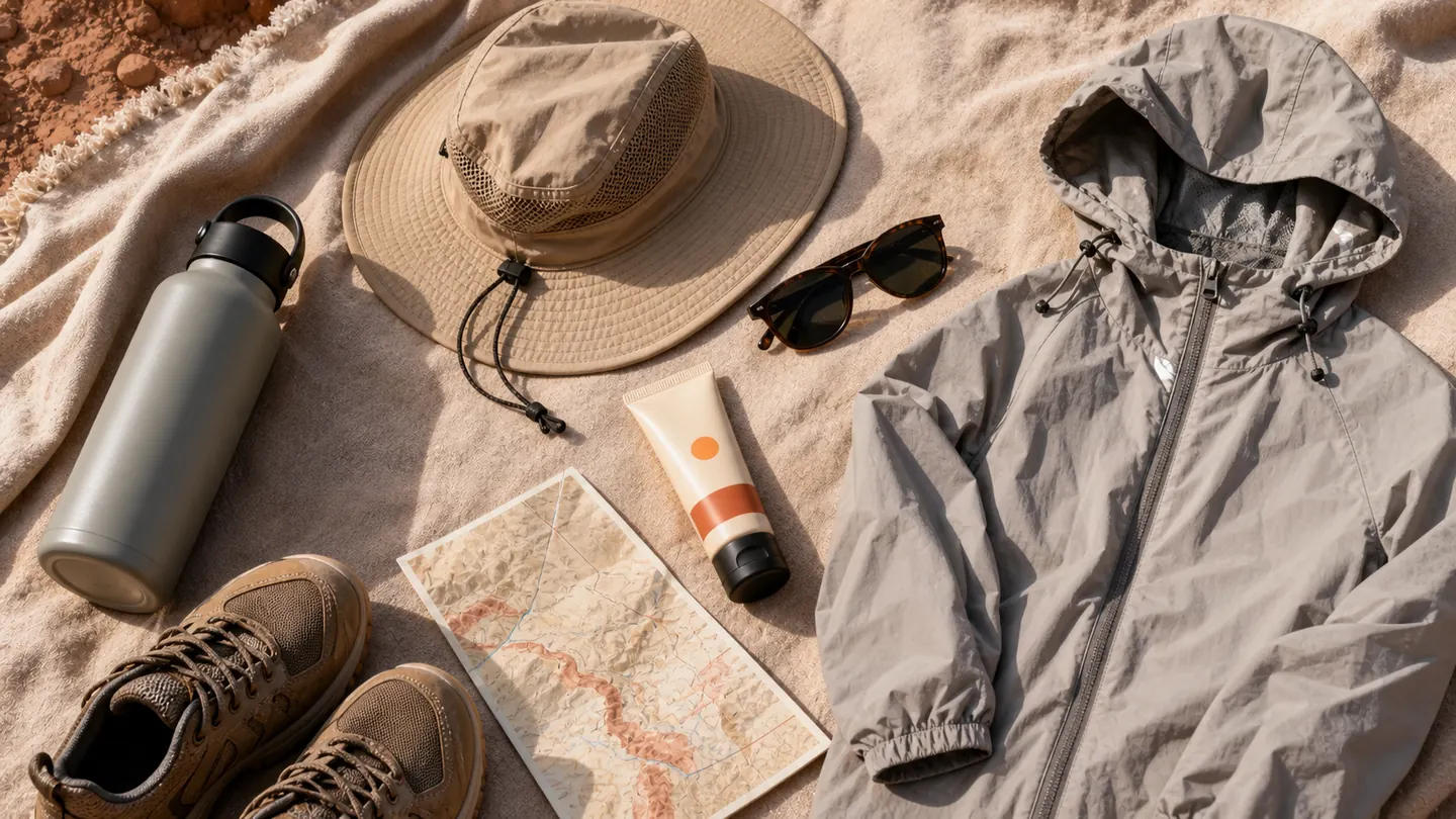 Recommended Atacama desert day-trip gear: water, hat, sunglasses and light jacket
