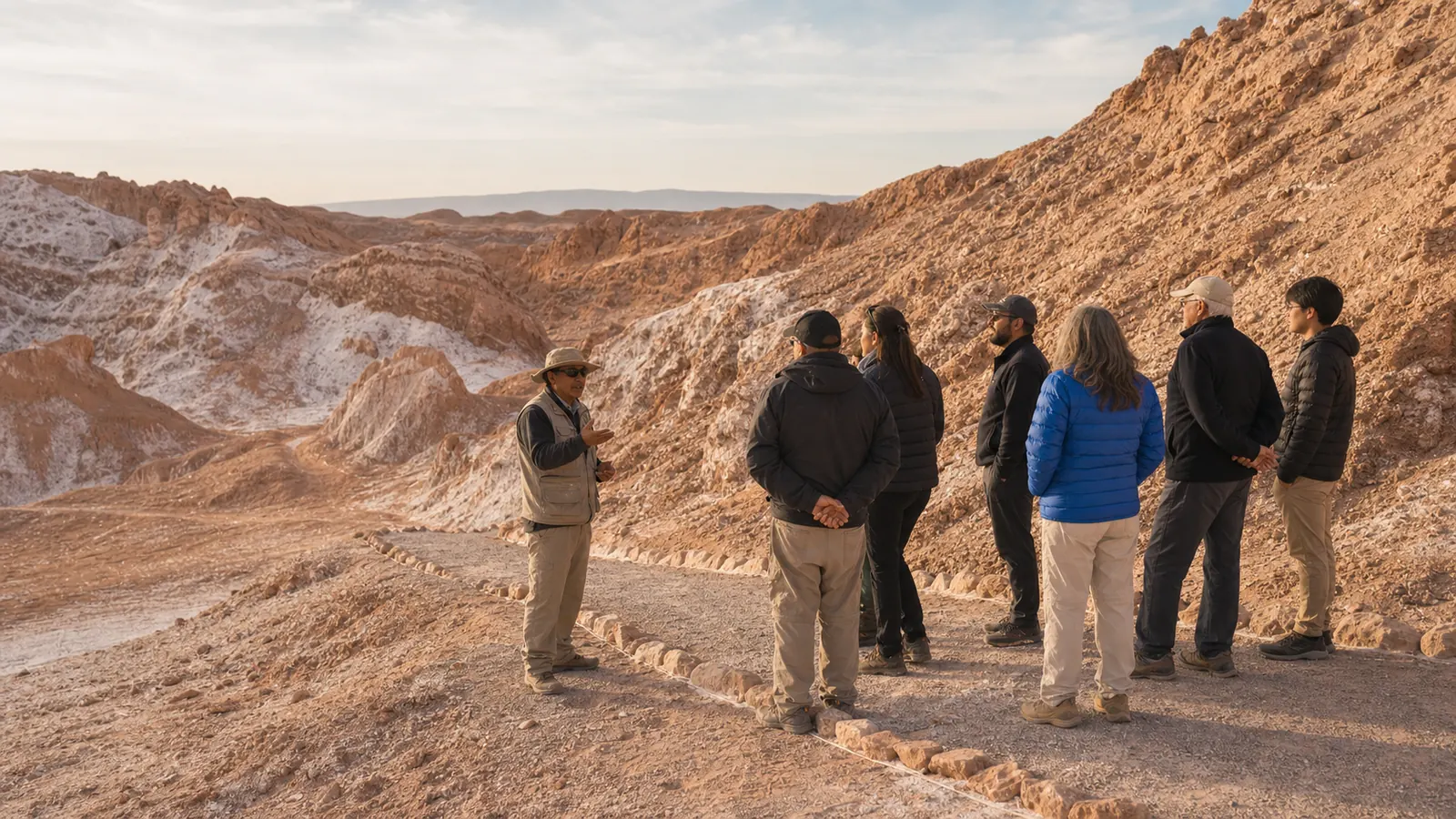 Visitors listening to a local guide beside a marked trail in Valle de la Luna