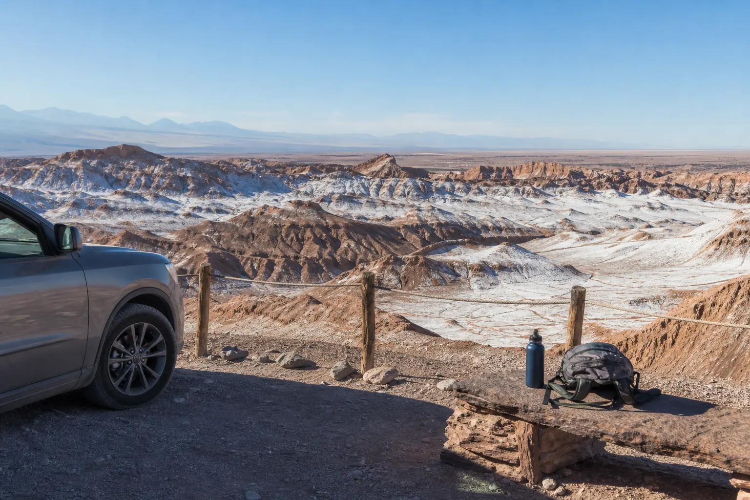 Authorized Valle de la Luna rest stop with marked boundary and practical day gear