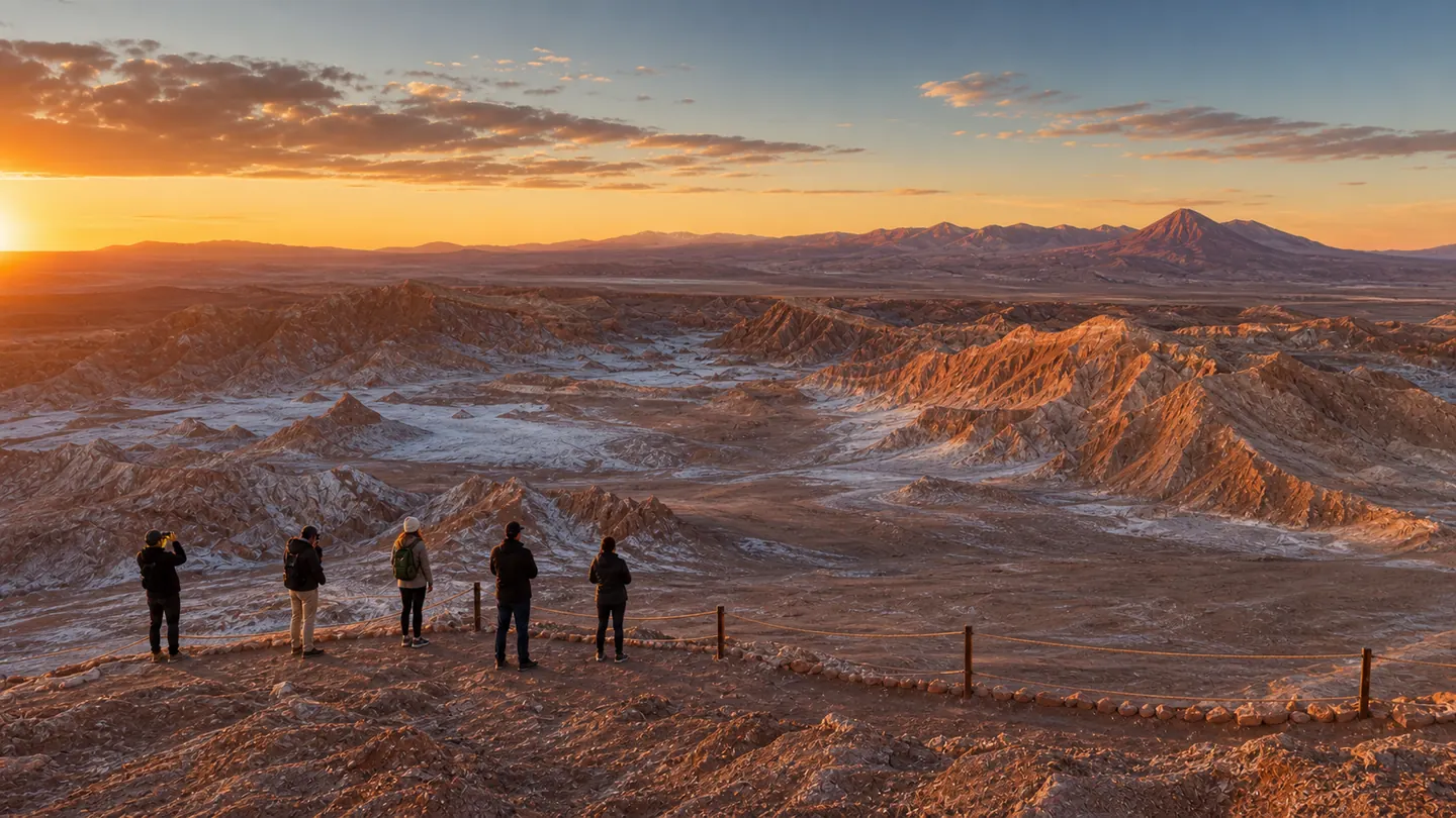 Travelers behind a safety boundary watching Valle de la Luna at sunset