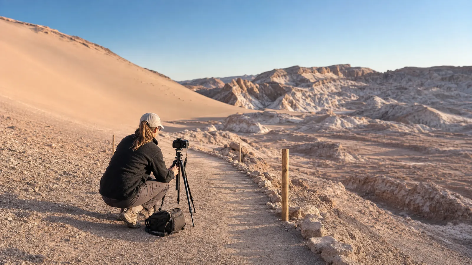Equipo de camara en un sendero autorizado cerca de Duna Mayor para fotografia responsable en el Valle de la Luna