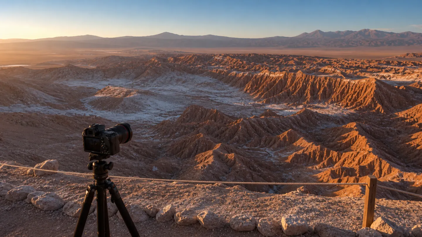 Camara en tripode en un mirador seguro frente a los relieves del Valle de la Luna