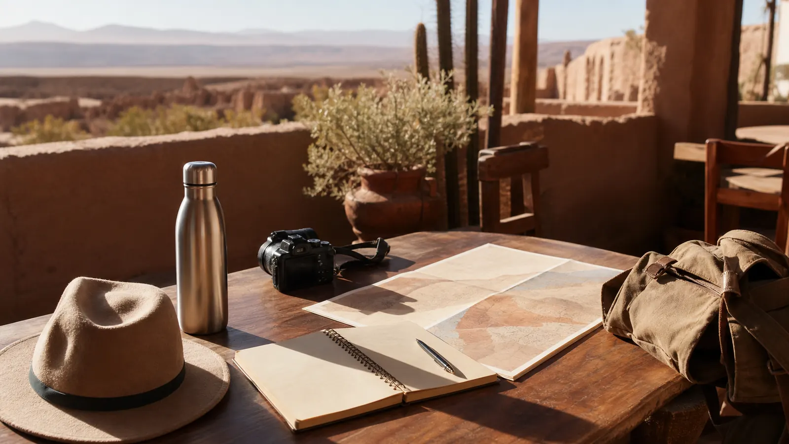 San Pedro de Atacama travel planning table with camera, map, notebook and reusable bottle