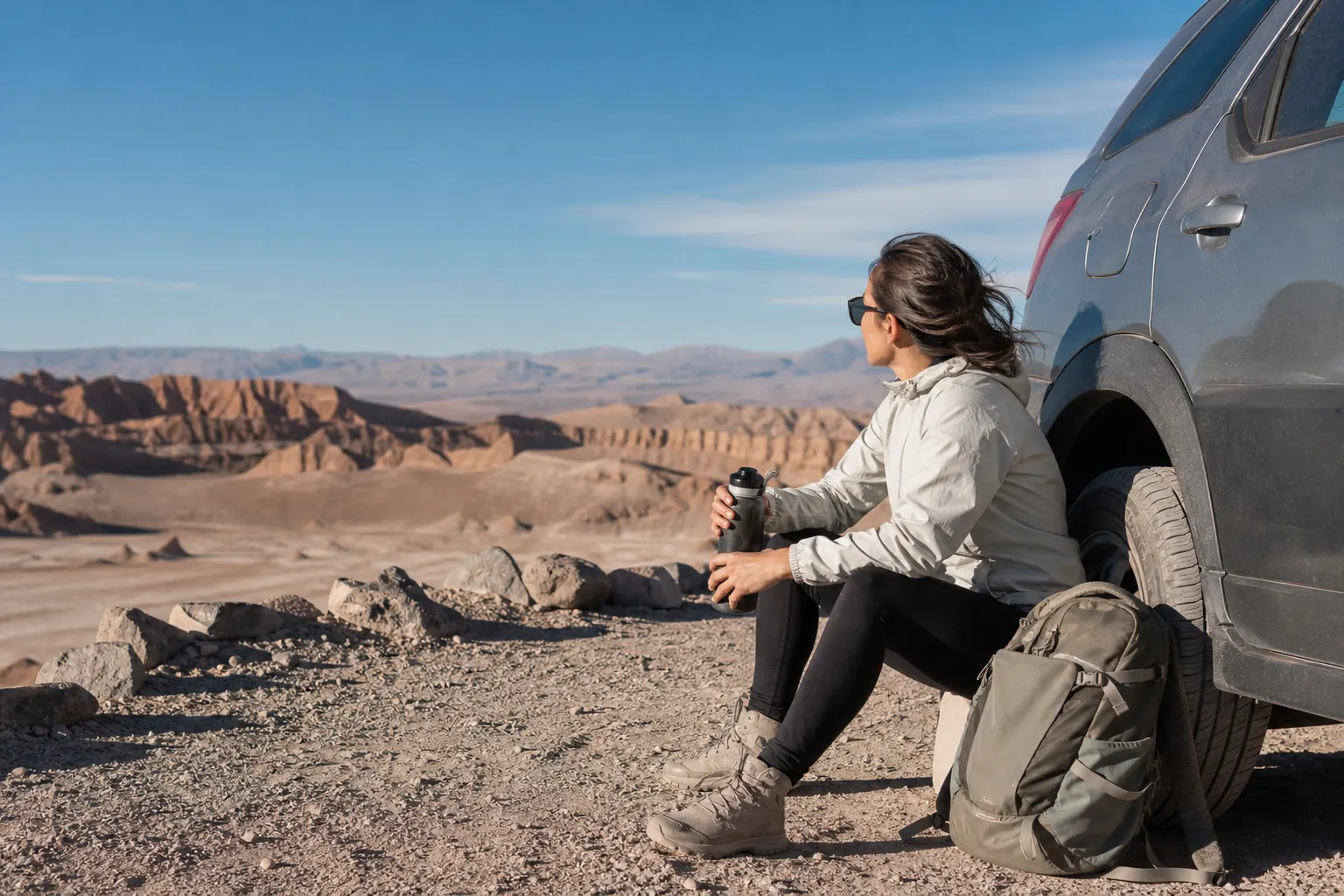 Wind-day essentials for a Valle de la Luna visit arranged at an authorized roadside stop
