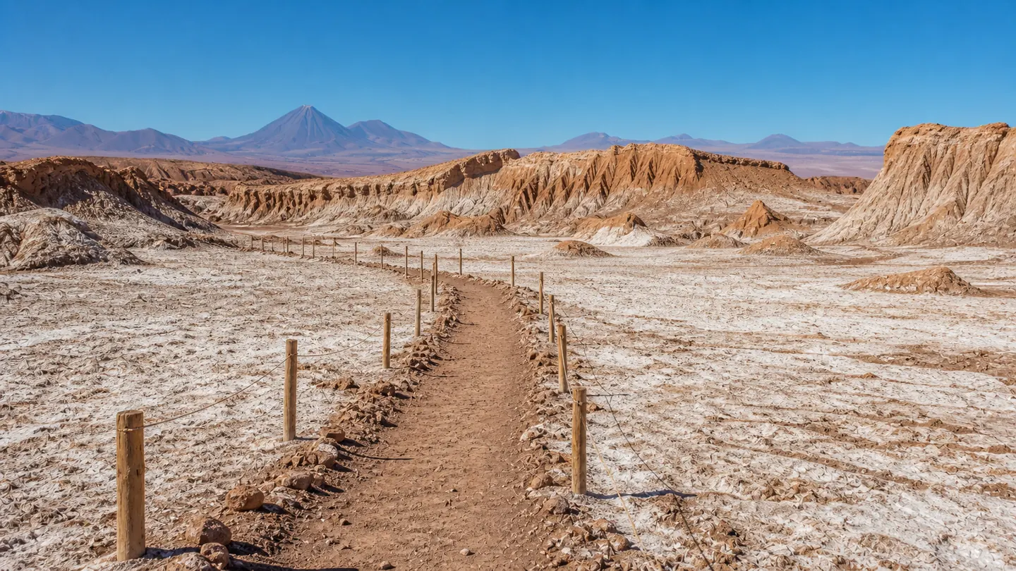 Marked trail in Valle de la Luna protecting fragile salt and clay formations