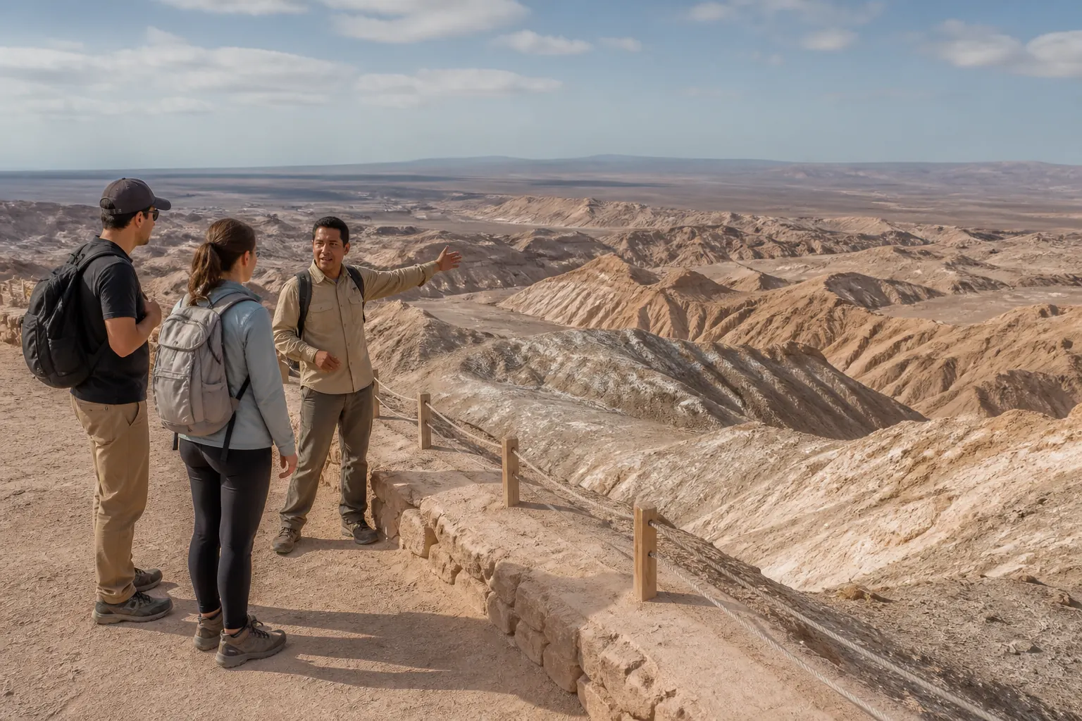 Guia local orientando a visitantes junto a un sendero demarcado del Valle de la Luna
