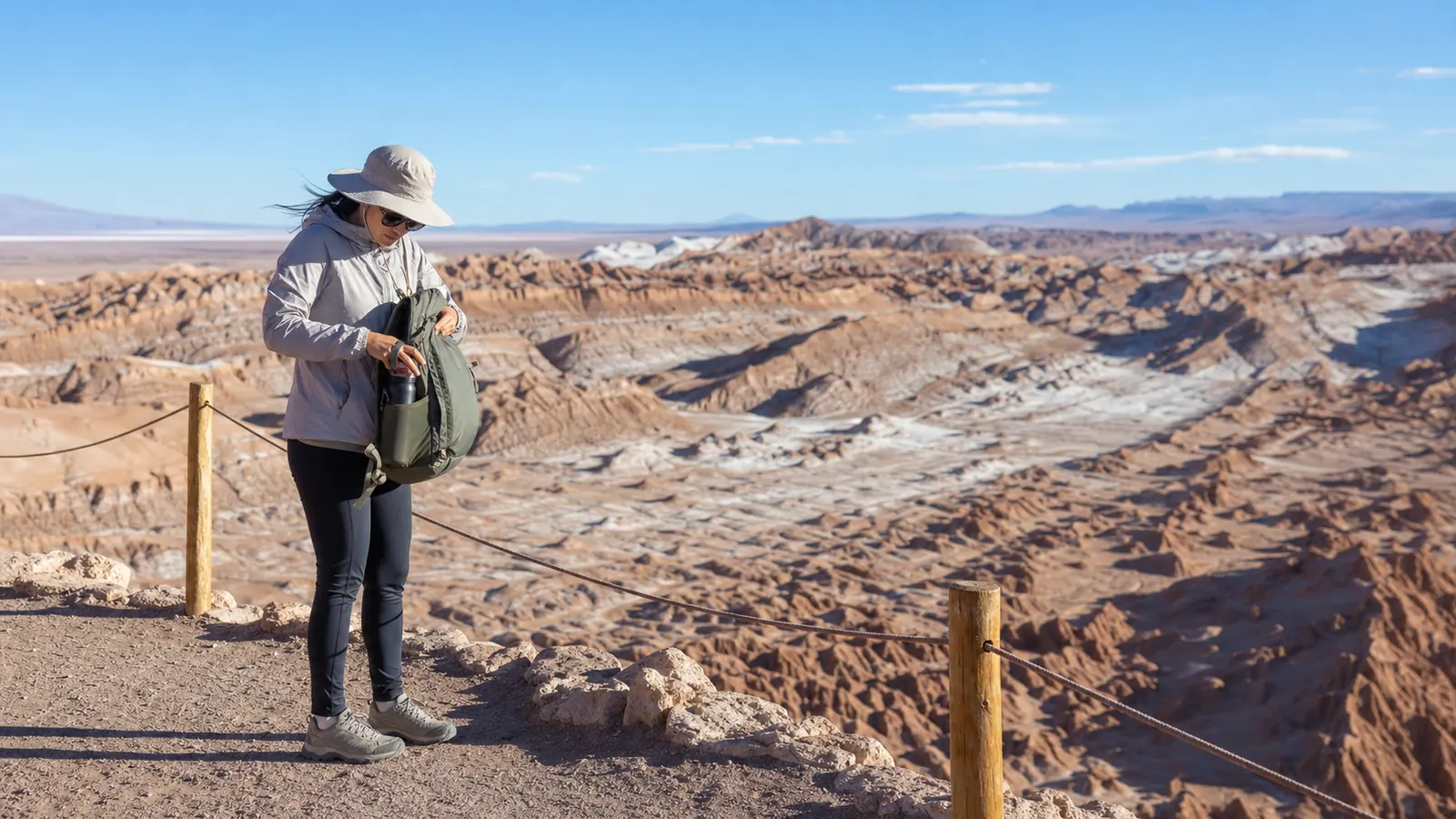Visitante de invierno revisando ropa por capas y una botella reutilizable detrás de una barrera de seguridad del Valle de la Luna