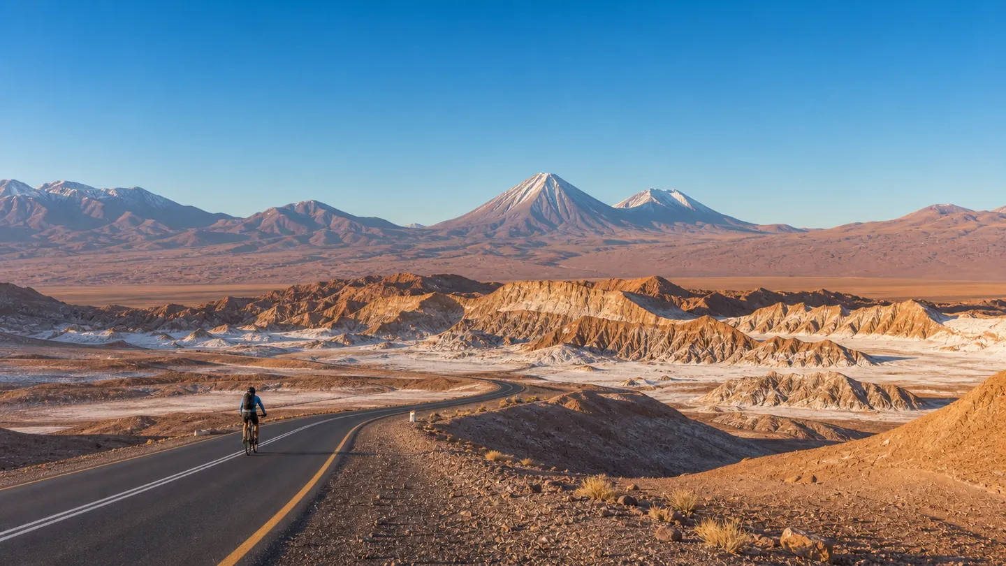 Cyclist on an authorized desert road near Valle de la Luna with volcanoes in the background
